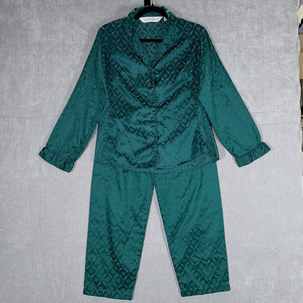 Victoriaβs Secret Pajama Set Women XS Teal Green Satin Jacquard Button Up